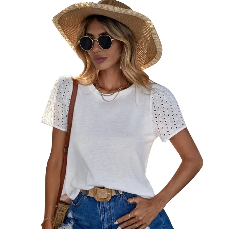 Women\'s summer fashion casual knit crew neck hollow embroidery simple solid color short sleeve