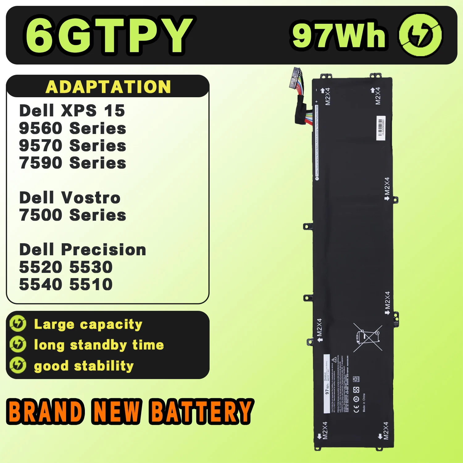 Аккумулятор для ноутбука SAT для ноутбука DELL 11,4 В 97 Втч 6GTPY DELL Precision 5520 5530 серии H5H20 XPS 15 9570 9560 7590