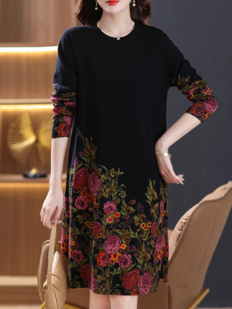

Floral Print Long Sweaters Dress Spring Women Clothing Long Sleeve Femme Pullover Elasticity Loose Pulls Thick Sweater For Women