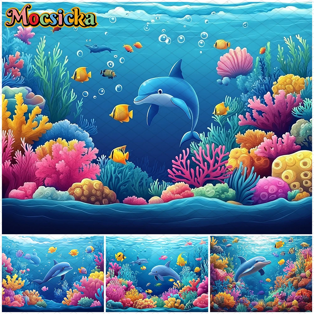 Mocsicka Underwater Dolphins Photography Background Blue Underwater World Coral Fish Pattern Decorations Birthday Party Backdrop