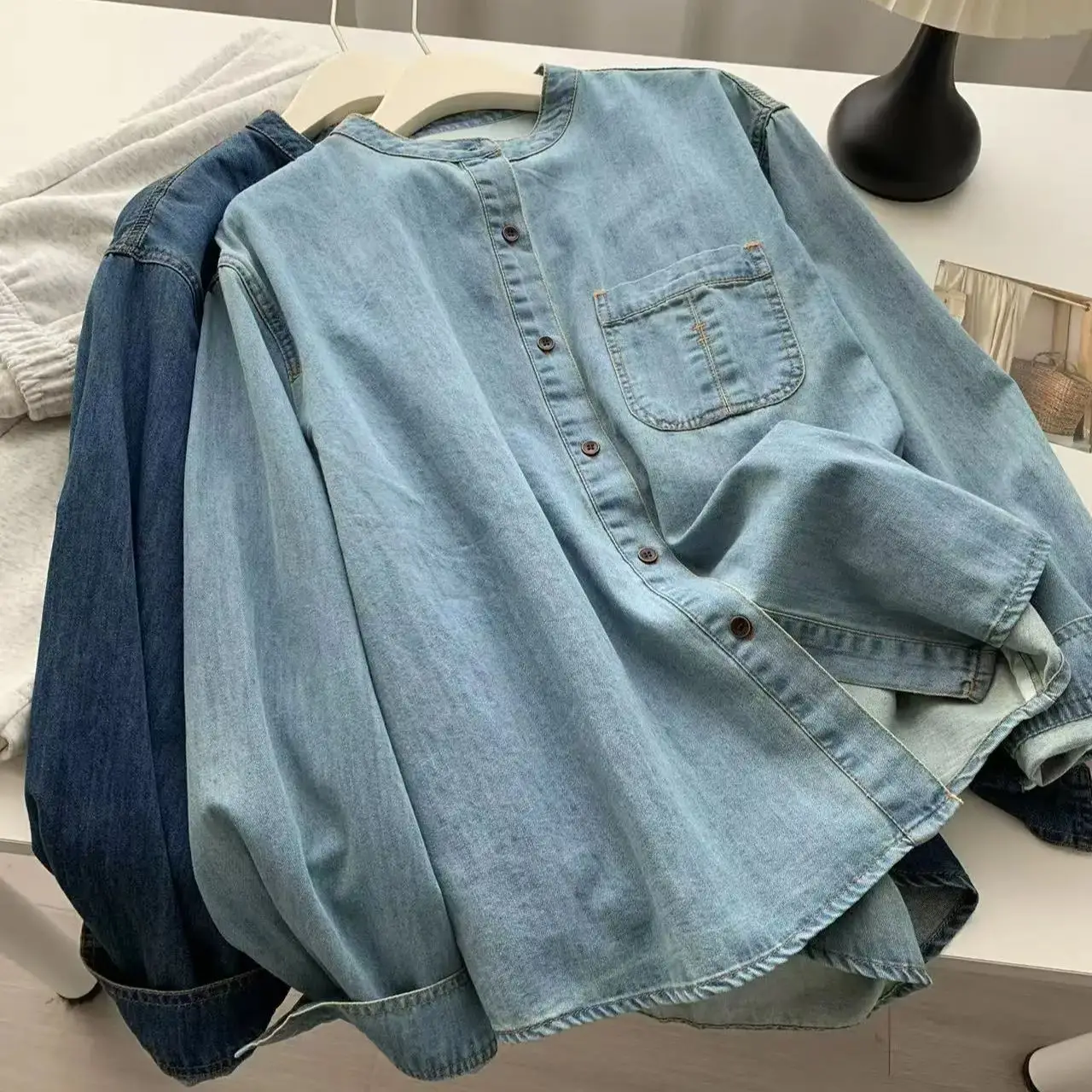 

Vintage O-neck Denim Shirt Women Autumn Fashion Single Pockets Long Sleeve Loose Cardigan Coat Female Casual Tops 2025 New