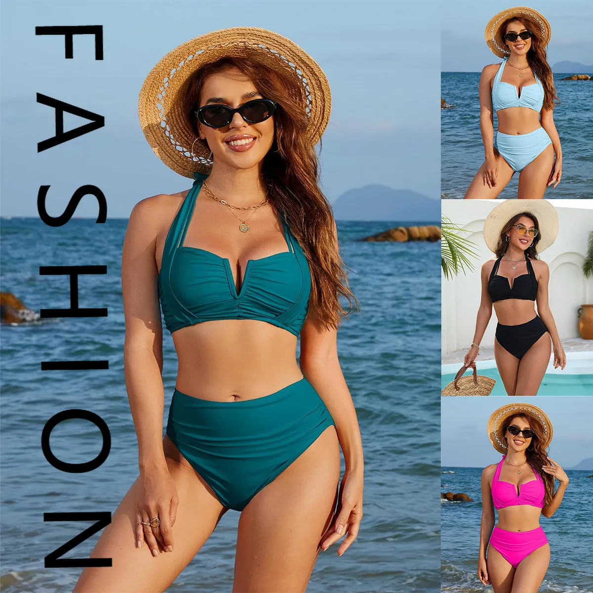 

2025 новый женский купальник, модный купальник, однотонный бикини с вырезом, сексуальный купальник