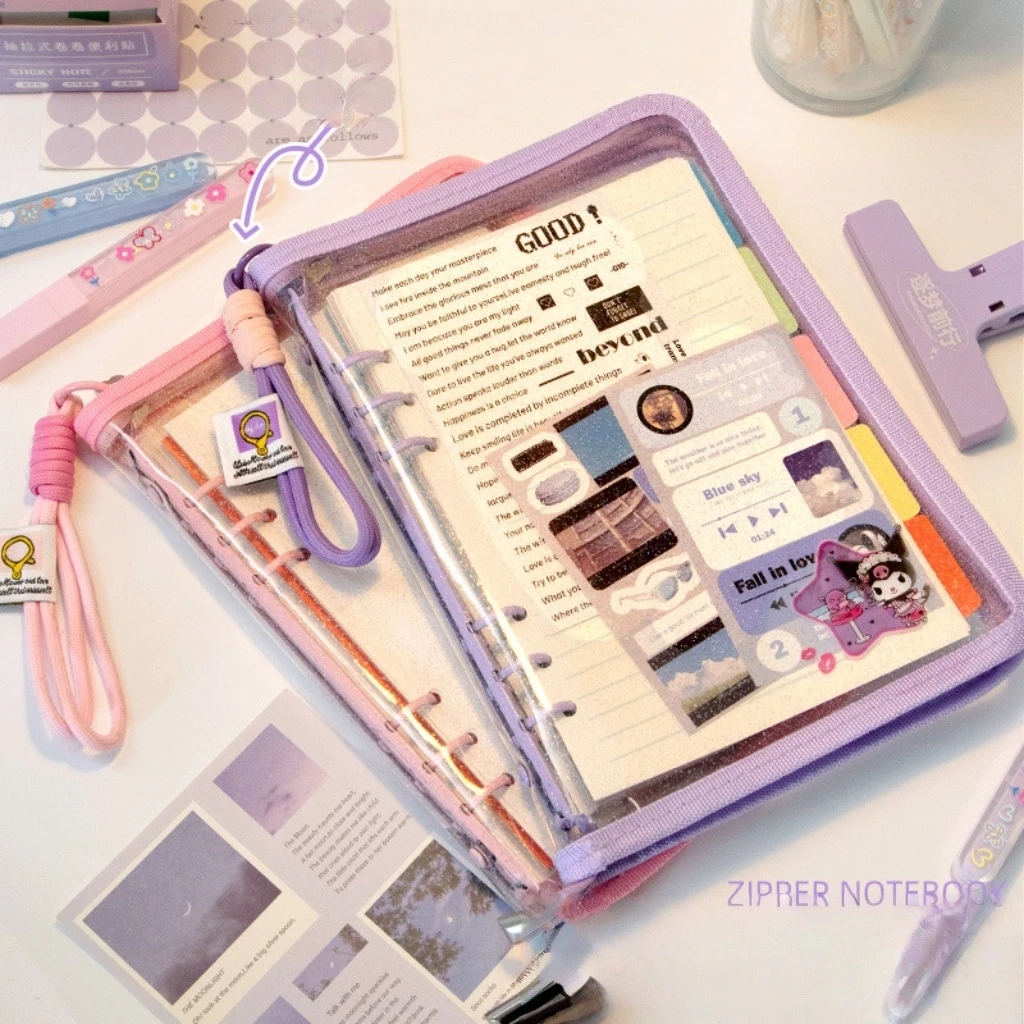 Picture 7: A5 6 Ring Clear Storage Binder Waterproof Sparkling PVC Zipper Notebook with Binder Pockets, Divider, Refill Paper,Sticker