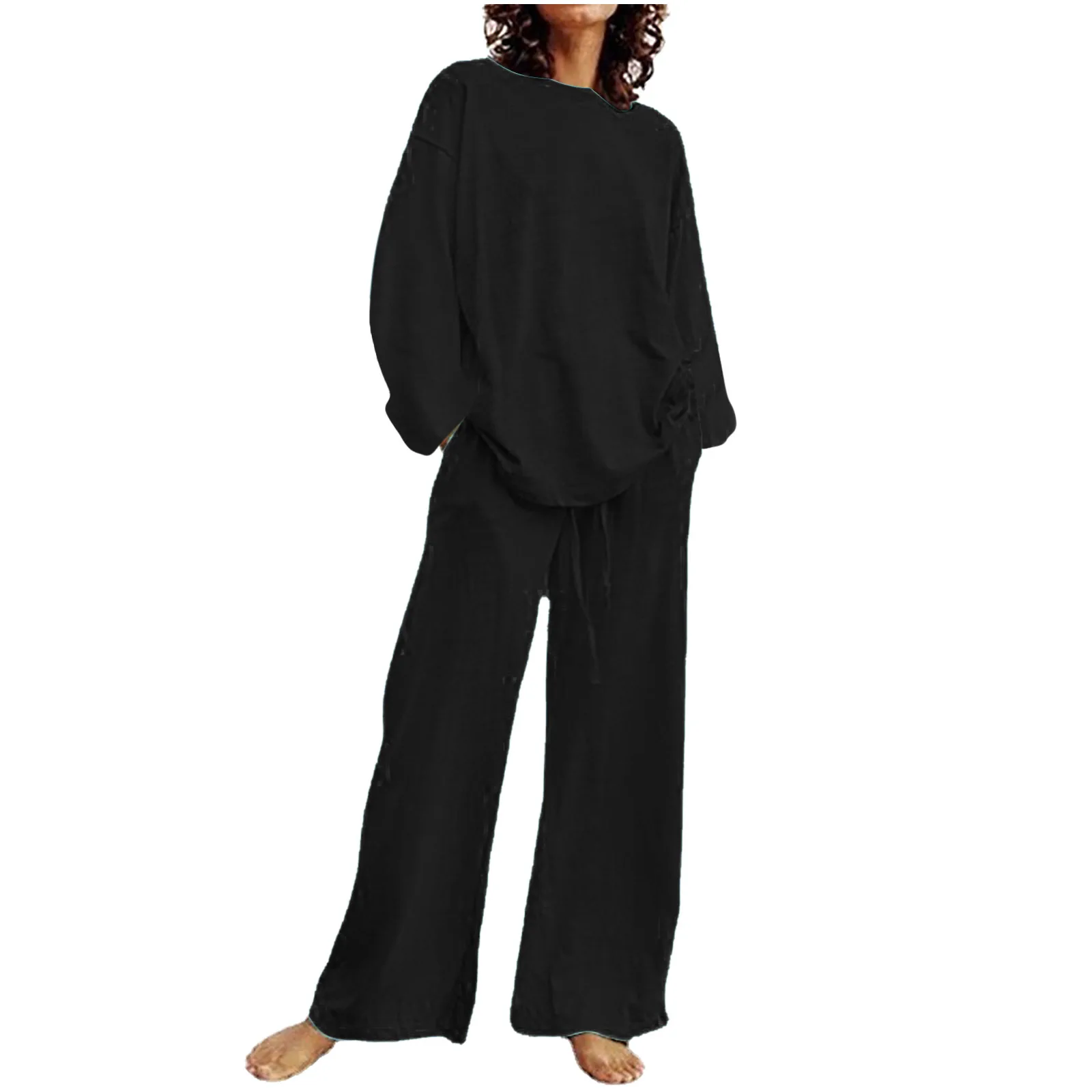 

Two Piece Set Women Pant Sets Pockets Drawstring Pants Long Sleeve Round Neck Tops Pullover Casual Lady Solid Spring 2025