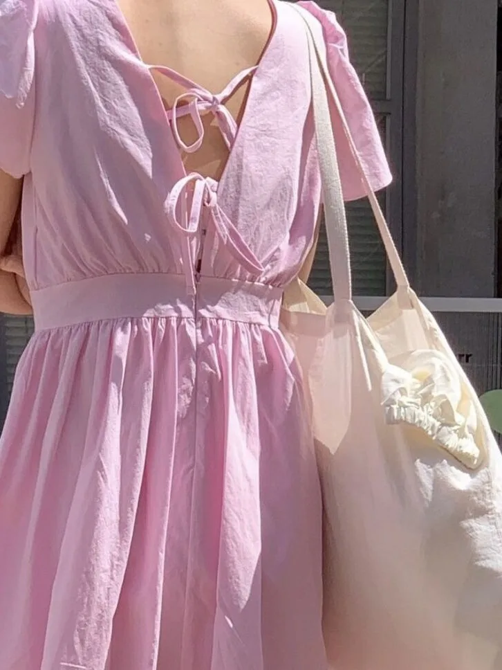 Chic Summer New Sweet Cross V-ne Bubble Sve Dr Women's Clothing Casual Sle ort Sve Midi Dr for Date