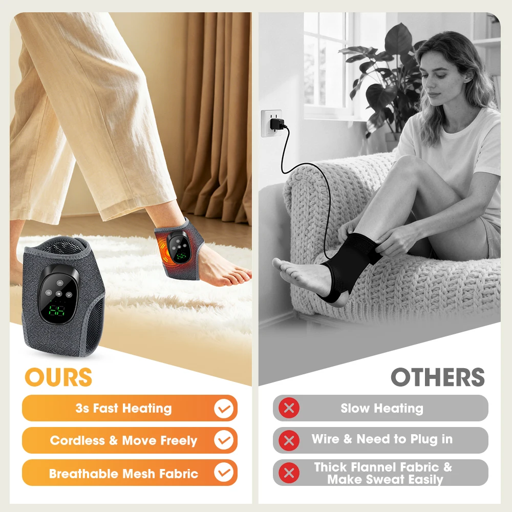 4 Modes 4 Levels Intensity Heated Ankle Massager 1800mAh Rechargeable Electric Foot Wrap for Relax Home Use
