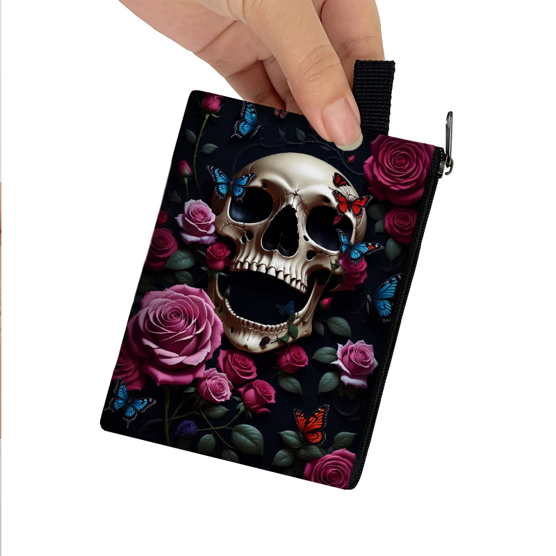 Skull Rose Butterfly Print Coin Purse Kawaii Wallets ID Credit Card Key Earphones Holder Harajuku Coin Bag Zipper Pouch