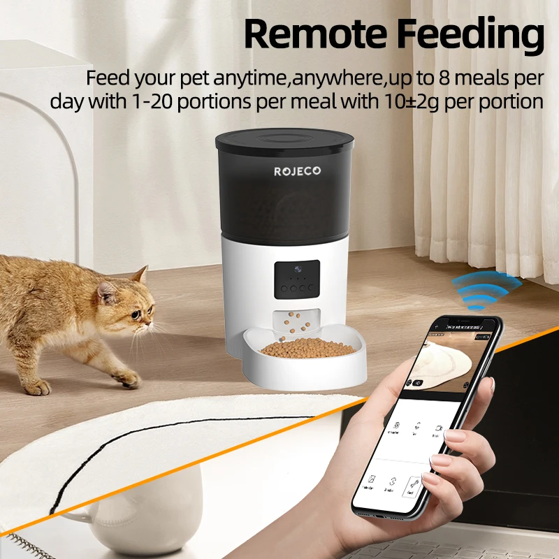 ROJECO 3L Automatic Dog Feeder With Camera Smart Pet Food Dispenser For Dogs WIFI Remote Food Feeding with Stainless Steel Bowl