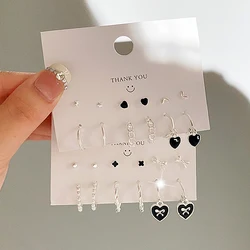 KINFOLK Cute Black Heart Bow Earrings Set For Women Girls Silver Color Star Cross Hoop Earrings Fashion Jewelry Party Gifts 2022