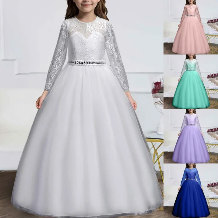 

Свадебное платье с цветочным узором для девочек, рукава 3/4, длина до пола, винтажное кружевное свадебное платье подружки невесты, пышное платье для дня рождения, вечеринки, вязаная рубашка