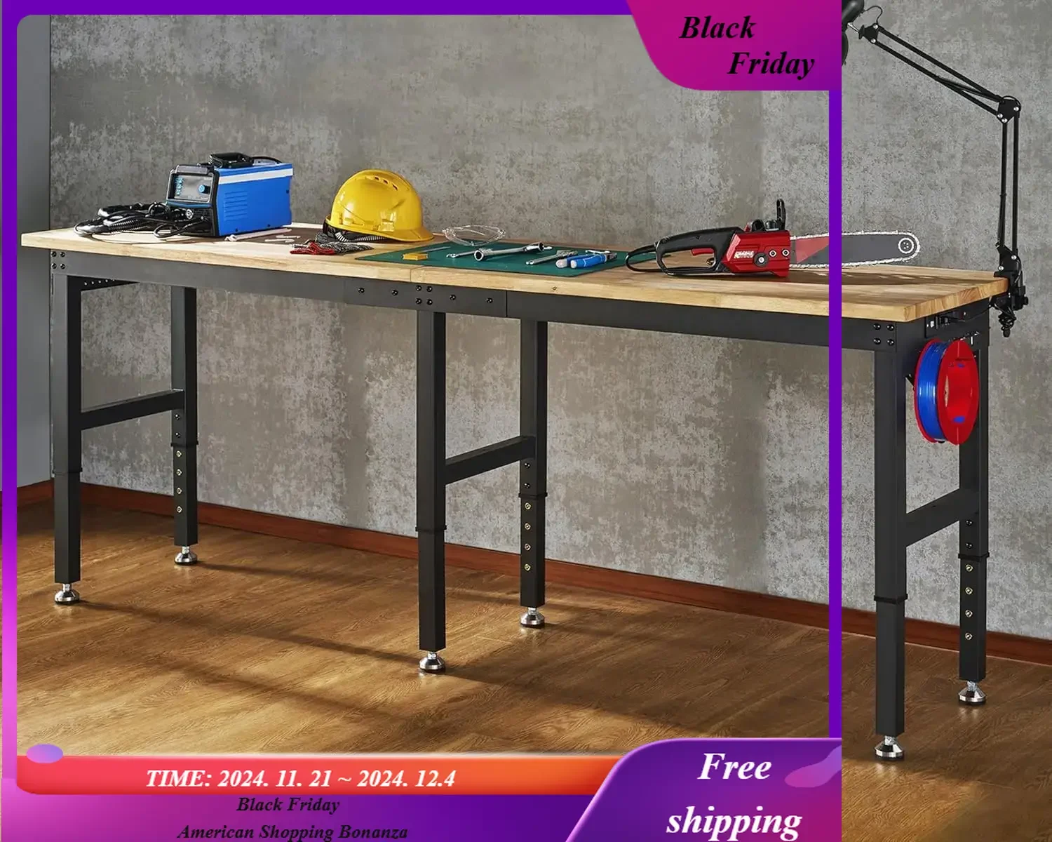 

Adjustable Workbench Rubber Wood Top Heavy Duty Workbench with Power Outlets & Hooks