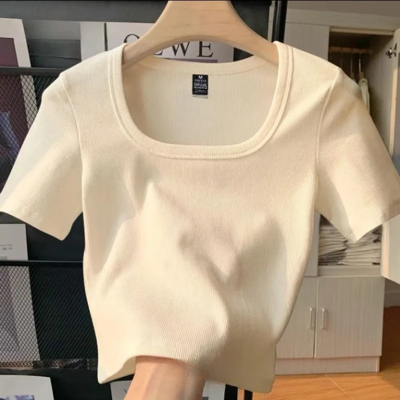 الصيف تي شيرت المرأة بسيطة المسمار Thred ساحة طوق قصيرة الأكمام الصيف سليم القمم الصلبة بسيطة كل مباراة الأساسية مريحة المحاصيل تيز