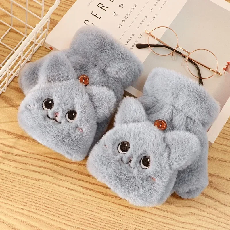 Women Plush Warm Glove Fur Lovely Rabbit Cat Mittens Flip Fingerless Gloves Soft Girls Thick Gloves Flexible Half Finger Winter