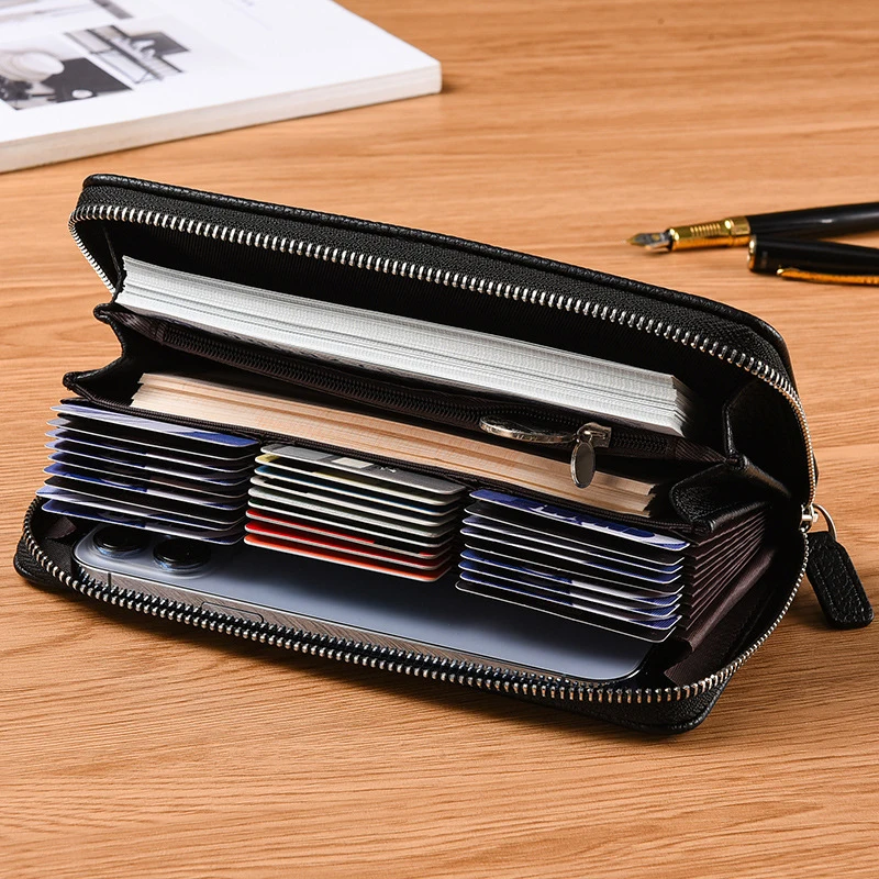 Western Litchi Grain PU Leather Multi-cards Zipper Men Wallet Large Capacity Detachable Wrist Strap Purse for Mens