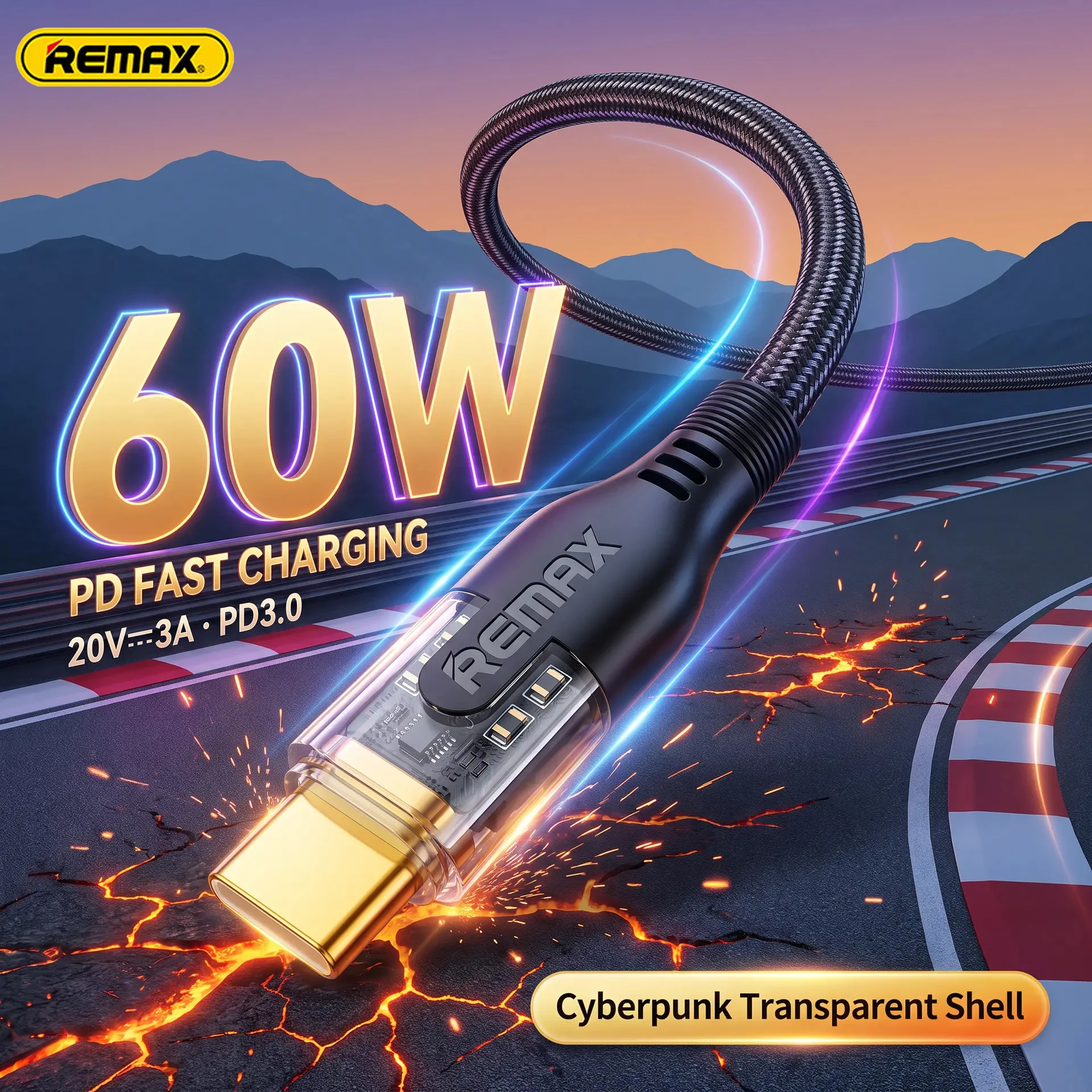 REMEX 60W USB C to C Cable PD3.0 20V/3A Fast Charging Braided Type C Cord Transparent Shell for MacBook iPhone Samsung 1.2M