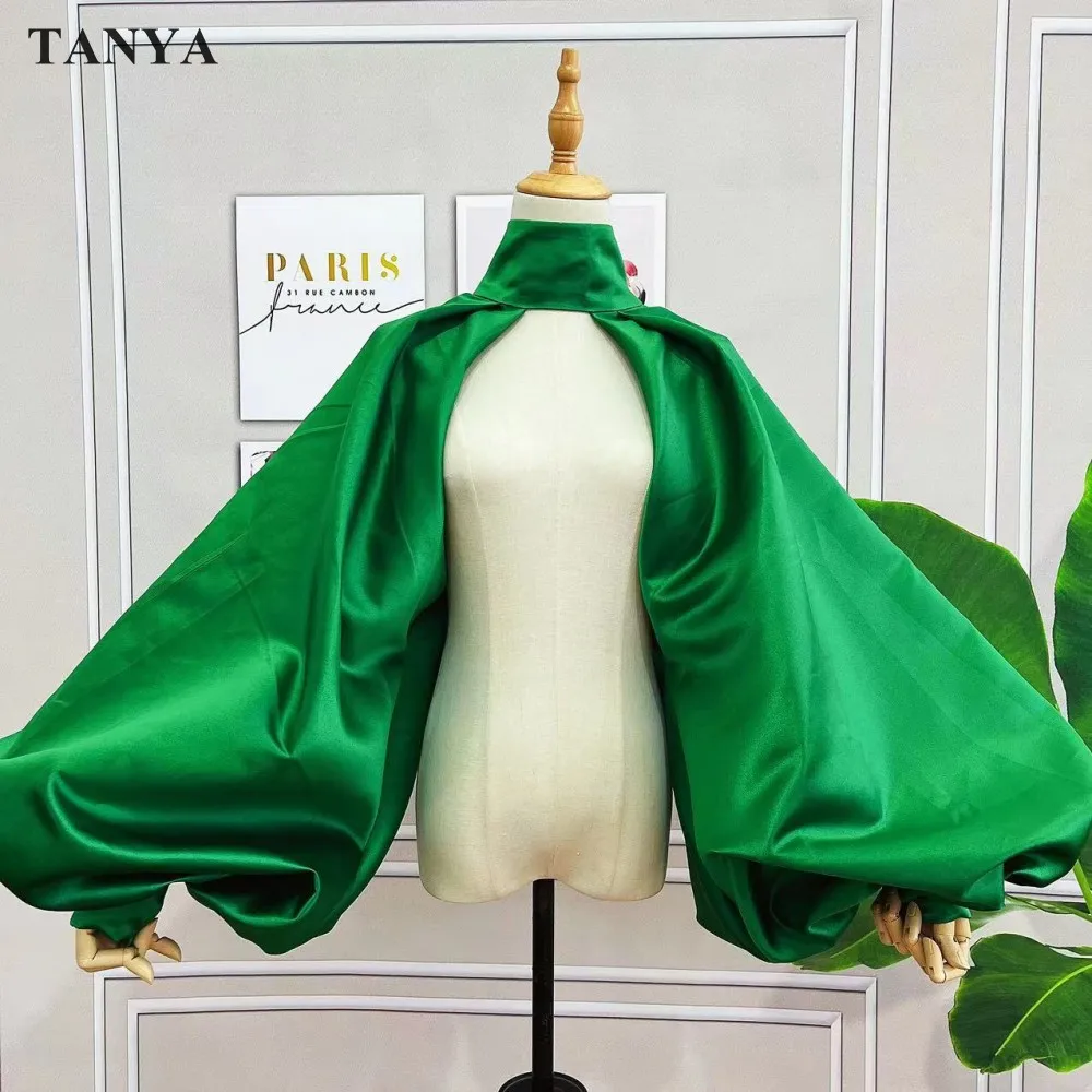 Puffy Sleeves Satin Bolero Topper Blouse Cover Arms Fashion Green Jacket Cloak Short Shawl High Neck With Buttons Customize