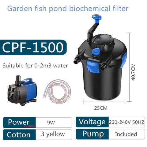 Système de filtration pour étang à poissons, seau filtrant pour piscine agricole, CPF-1500 externe 16L, adapté pour étang à poissons de 2m3 avec lampe germicide