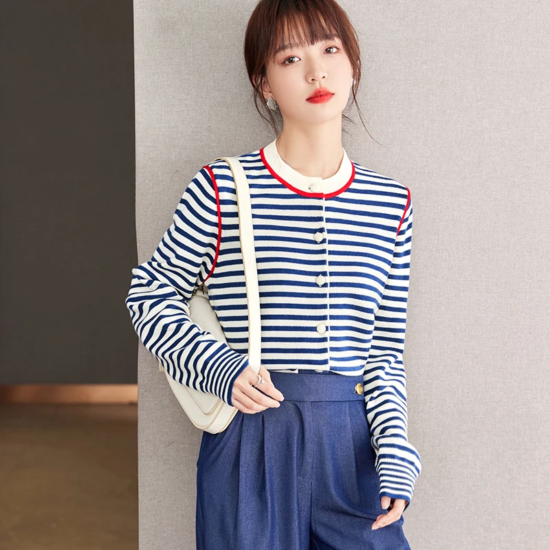 Women Fashion Blue Stripe Knitted Sweater Cardigan Autumn Winter Elegant Chic Slim Casual French Style Tops Knitwear Lady D2832