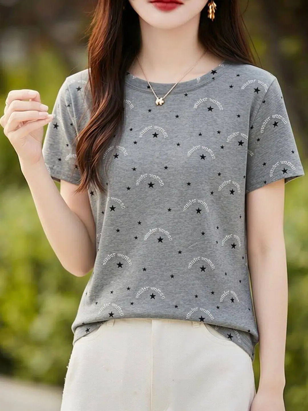 

Chic Short Sleeve T-Shirt Women's Loose Slimming Summer Top Versatile Casual Style Polyester Fiber Print Design Elegant Shirt