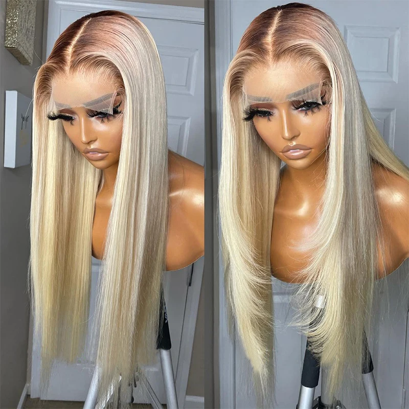 

Ombre Blonde 613 Мягкий 26-дюймовый длинный прямой парик фронта шнурка плотности 180 для женщин Детские волосы предварительно выщипанные термостойкие синтетические бесклеевые волосы