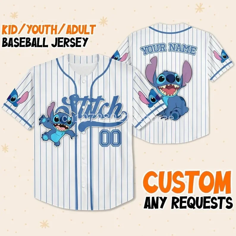 2024 New Free Custom Disney Stitch Baseball Jersey Streetwear Fashion Summer Men's And Women's Short Sleeve Baseball Shirt