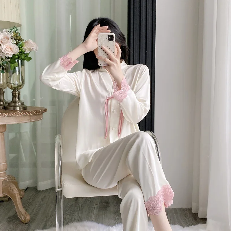 

Elegant Silk Satin 2Pcs Pajamas Set Women's Sleepwear Sexy Lace Long Sleeve Pijamas Suit Loungewear Loose Big Size Homewear