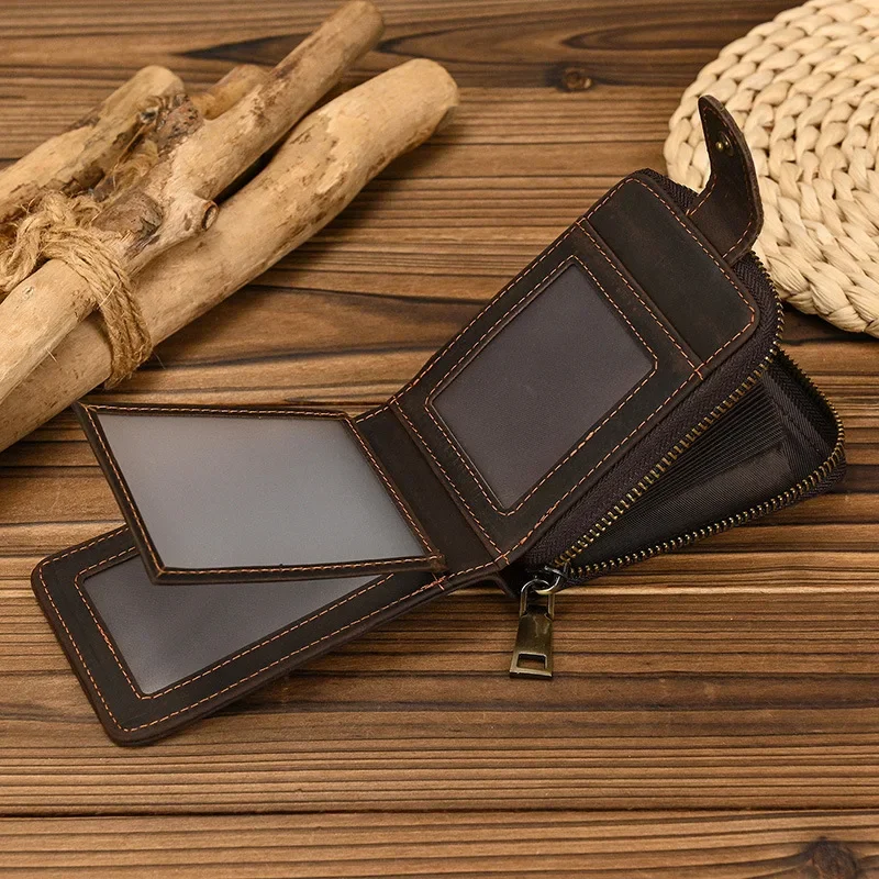 Genuine Leather Short Wallet ID Card Holder Zipper Wallet Simple Large Capacity 2-fold Zipper Card Holder Cowhide