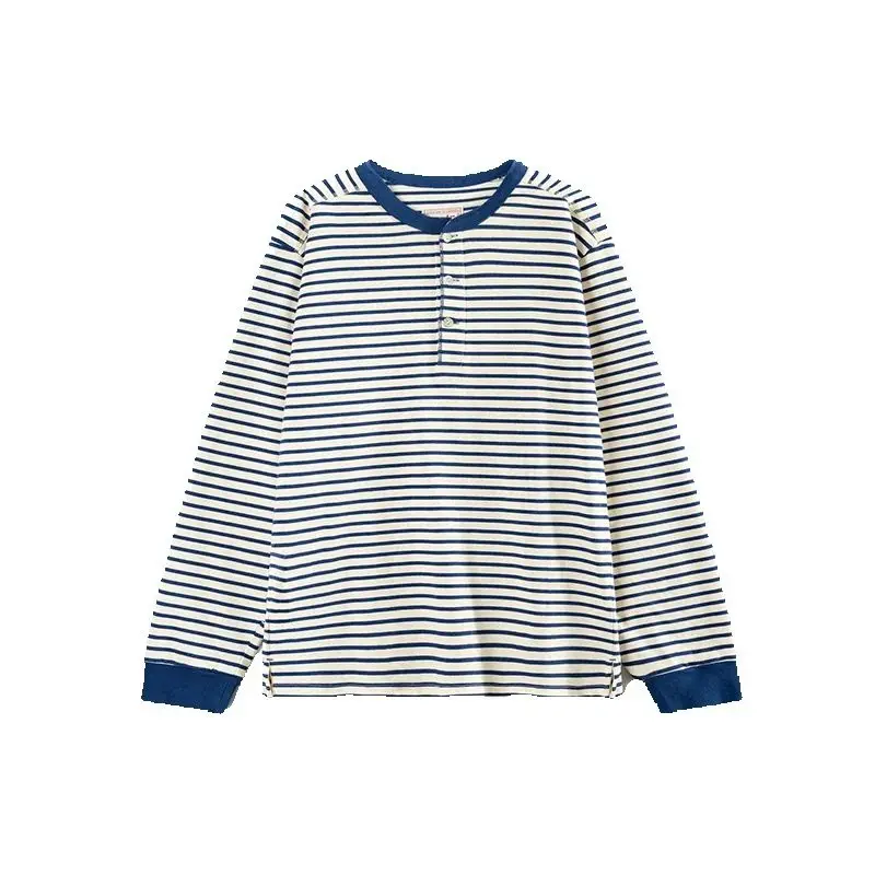 

Men's Classic American Retro Heavyweight Striped T-Shirt Henry Collar Long Sleeved Sea Soul Shirt All Cotton Washed
