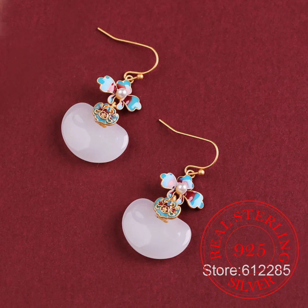 925 Sterling Silver Jewelry 18K Gold Plated Natural Jade Enamel Vintage Drop Earrings for Women Wedding Party Jewelry Gift