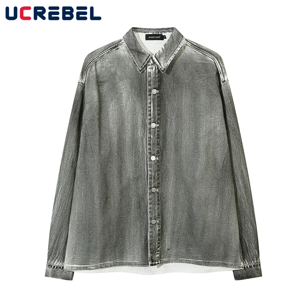 

Washed Distressed Denim Lapel Shirts Mens Autumn High Street Single Breasted Long Sleeve Loose Shirts Men