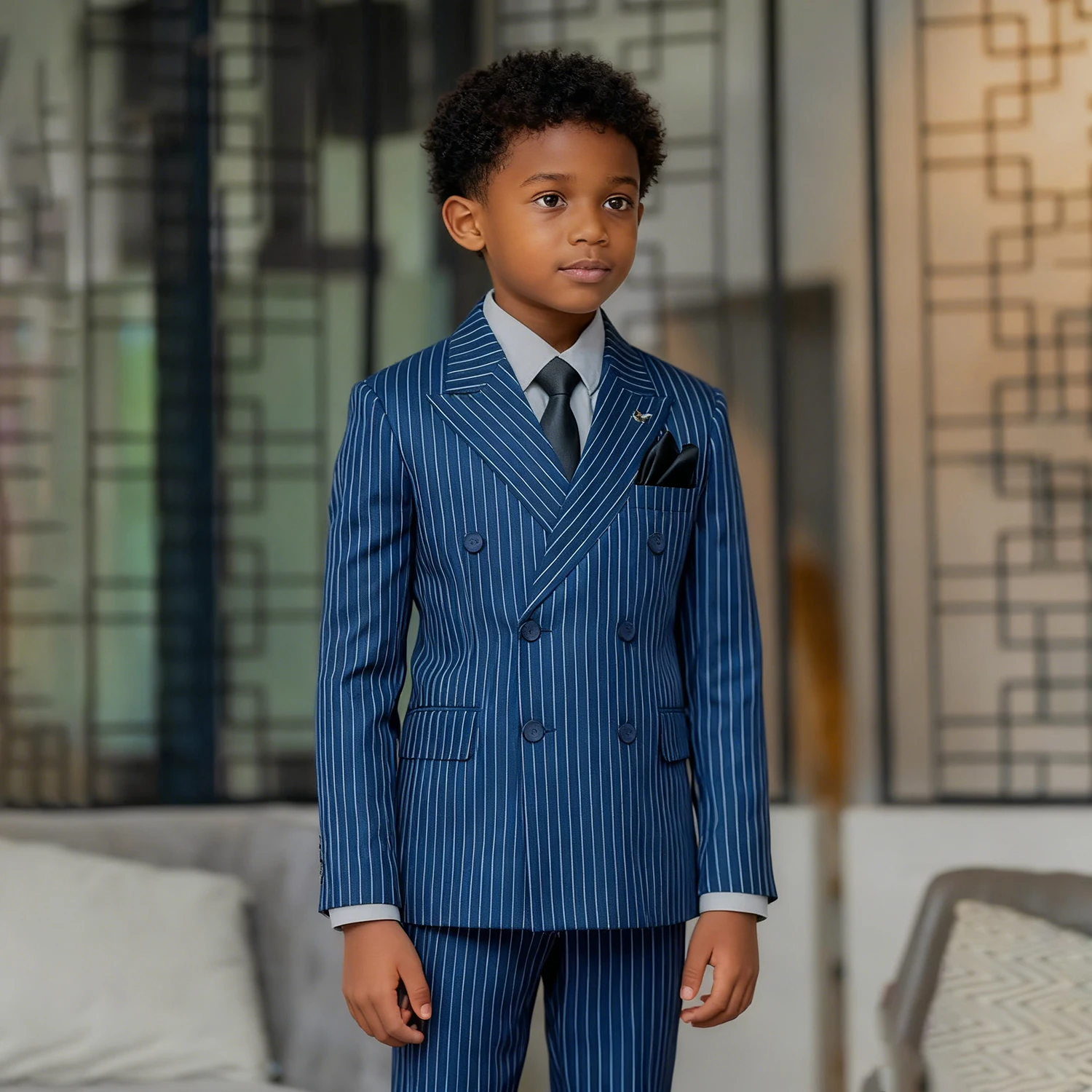 

Customzied Pinstripe Boy's Clothing Elegant Double Breasted Peak Lapel Slim Fit 2 Piece Jacket Pants Festival Kids Suits Sets