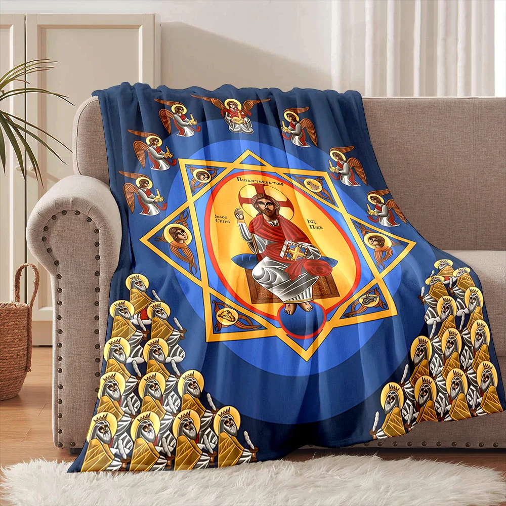 1PC Icon of Christ with angels Faith-printed Flannel Blanket Soft and Warm Suitable for Home Travel Picnics Camping and RV Use