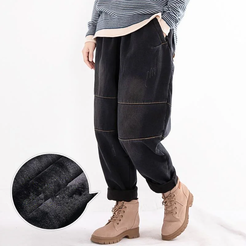 

High Waist Women's Plus Velvet Thicken Loose Baggy Jeans Fleece Lined Boyfriends Jeans Long Warm Harem Pants Denim Trousers C342