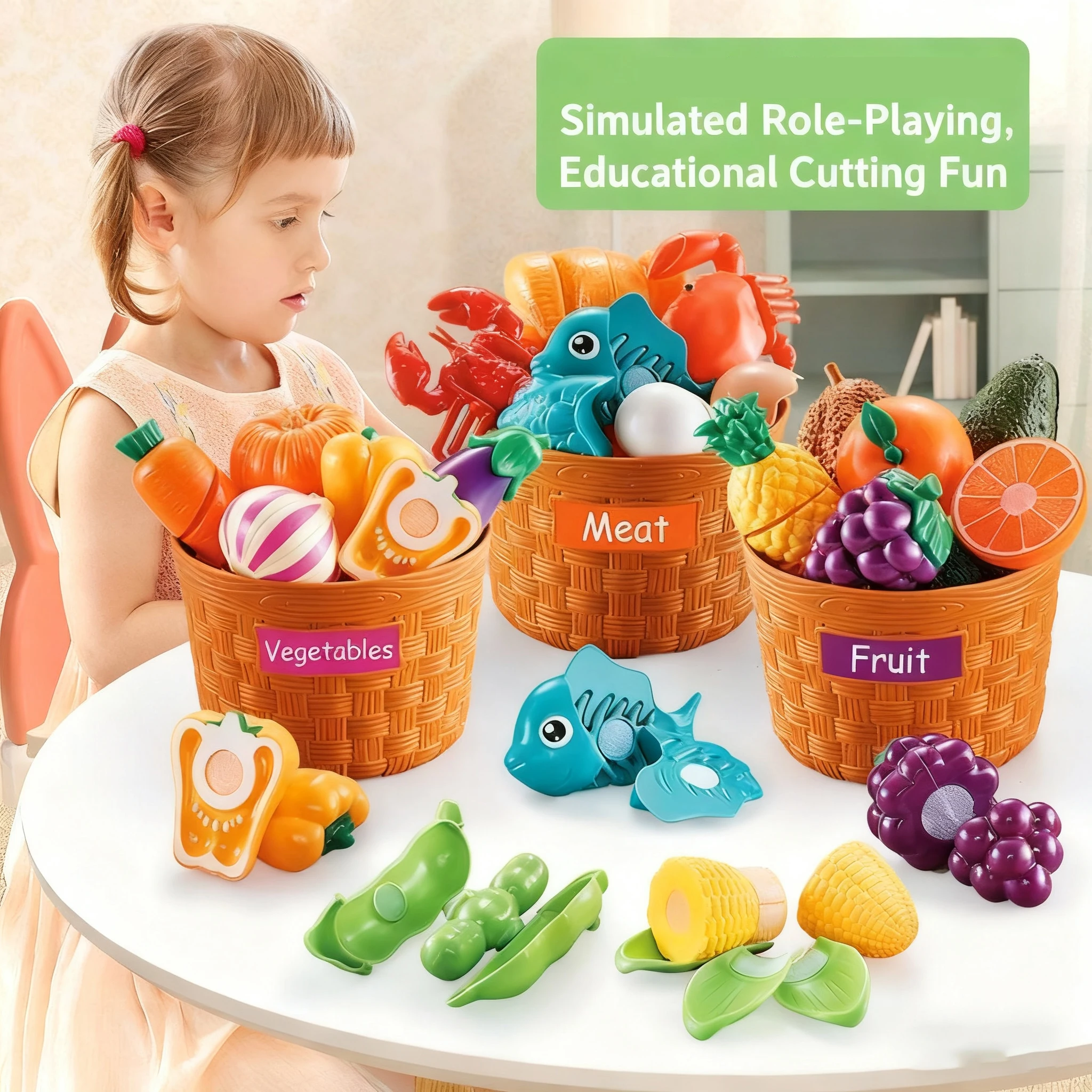 42개 과일 자르기 세트 바구니 포함 어린이 놀이집 장난감 주방 야채 아기 가상 놀이 야채 자르기 분류 장난감 크리스마스 선물