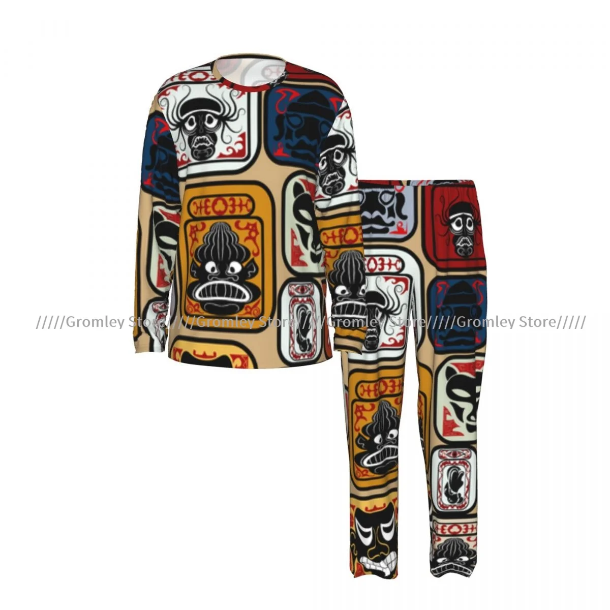 Men's Pajama Set Long Sleeve and Long Pants Tribal Pattern Soft Sleepwear for Home