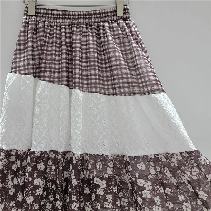 WTHT موضة جديدة للمرأة الدانتيل حافة تقسم زهرة طباعة ألف خط التنانير الطويلة 2025 الصيف العصرية مرونة الخصر تنورة الإناث 1LS2043