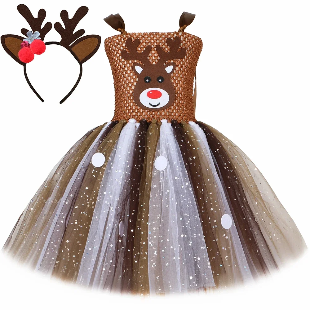 Deer Costume for Girls Christmas Party Tutu Dress Gifts Elk Reindeer Cosplay Xmas Clothes Outfits Kids Halloween Purim Clothes