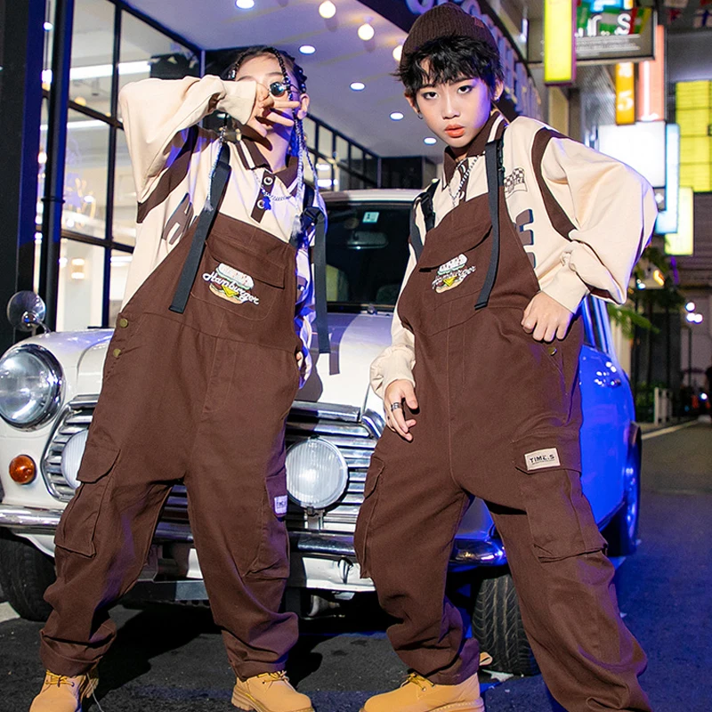 Jazz Costumes Girls Top Brown Overalls For Boys Street Dance Hip Hop Clothes Kids Stage Show Perforamnce Wear Outfit SL7453