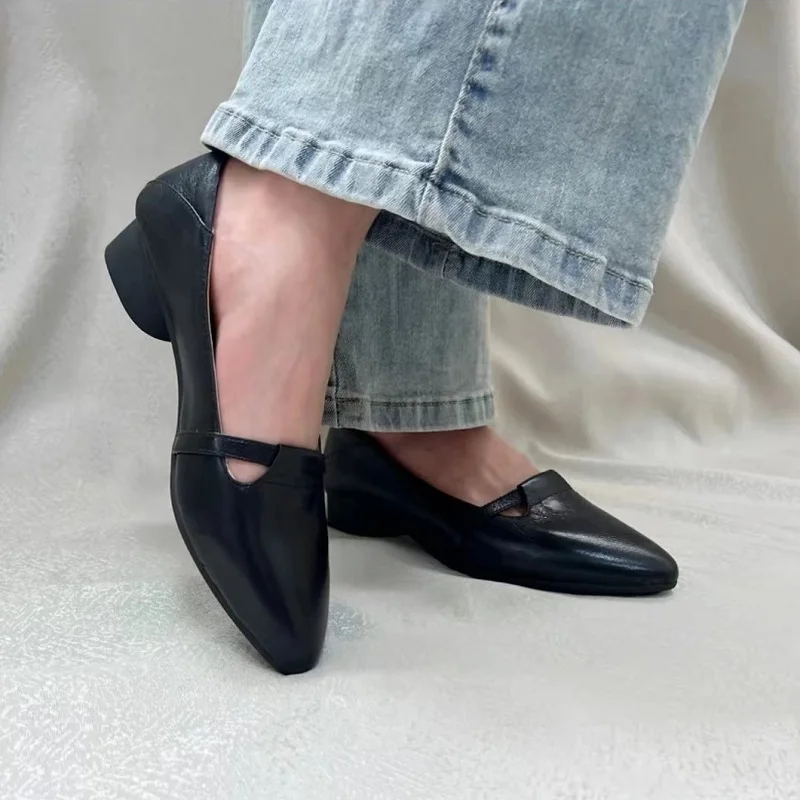 Women Basic Shoes Soft Cowhide Daily Footwear On Thick Heel Slip on Work Pumps Genuine Leather Simple Shoes Cozy Loafers