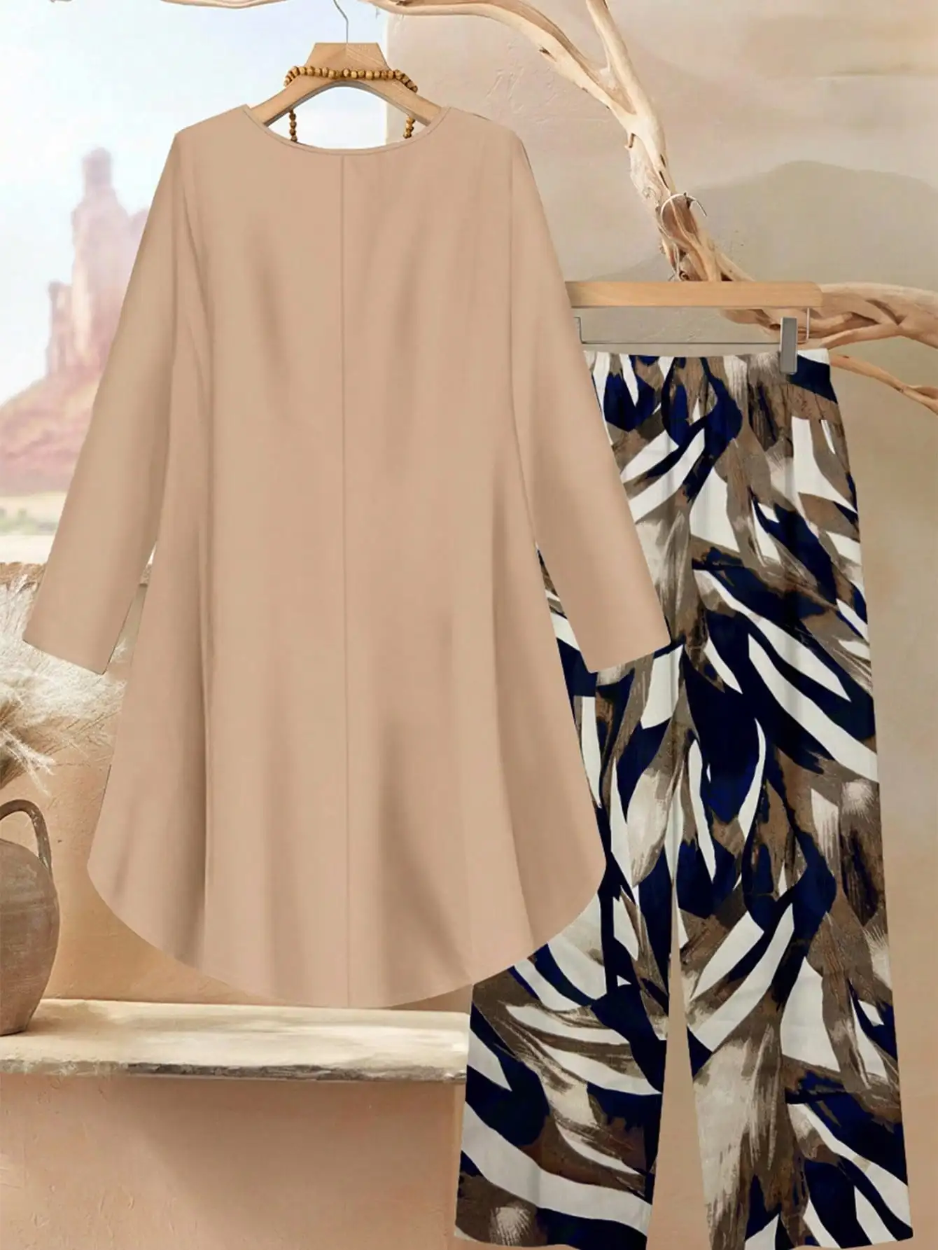 Beige High-Low Top & Leaf Print Wide Leg Pants Set