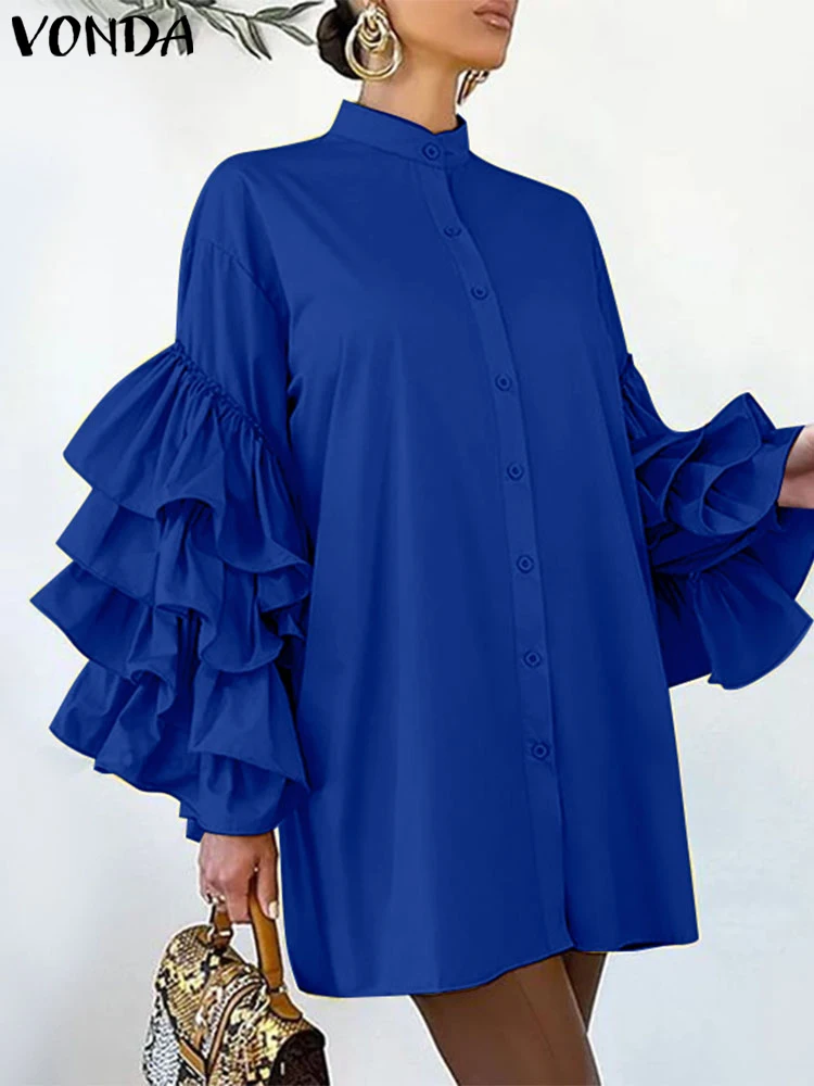 VONDA Women Shirts 2025 Elegant Stand Collar Ruffled Tops Casual Solid Color Blouse Long Sleeve Oversized Bohemian Blusas