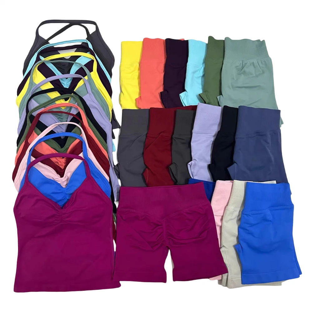 

2Pcs Seamless Yoga Set Women High Quality Strappy Vest&Scrunch Butt Lifting Shorts Against Resistance Halter Tank Gym Sport Set