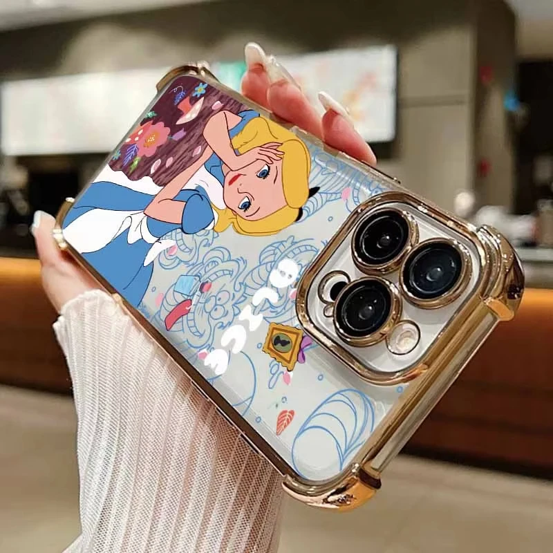 Alice In Wonderland Electroplated Four Corner Phone Case for iPhone 16 E 15 14 13 12 Mini 11 Pro Max XS Max X 7 Plus Hard Cover