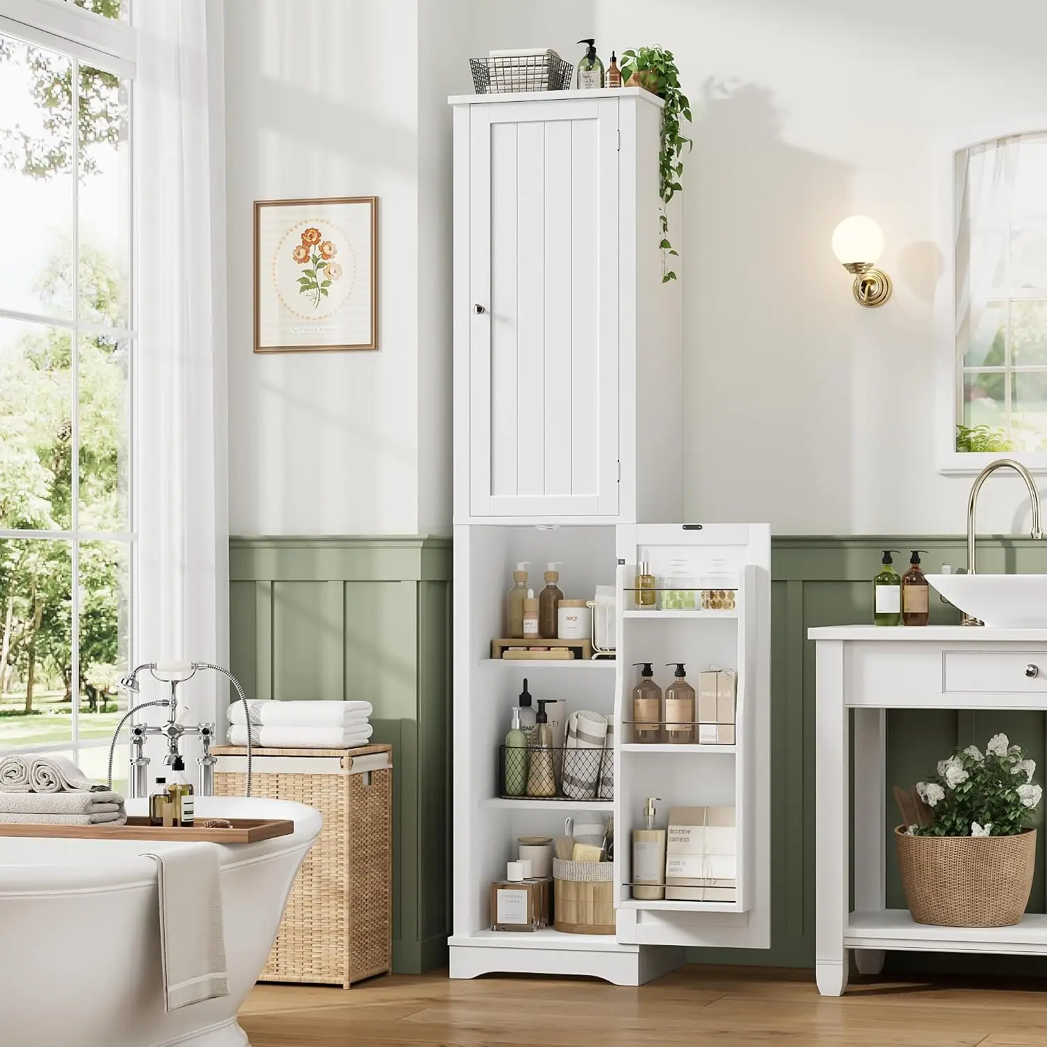 Tall Narrow Storage Cabinet With Reversible Doors Small Kitchen Pantry Cabinet Adjustable Shelves Spice Rack Slim Storage Organizer For Bathroom Living Room Entryway White - view 6