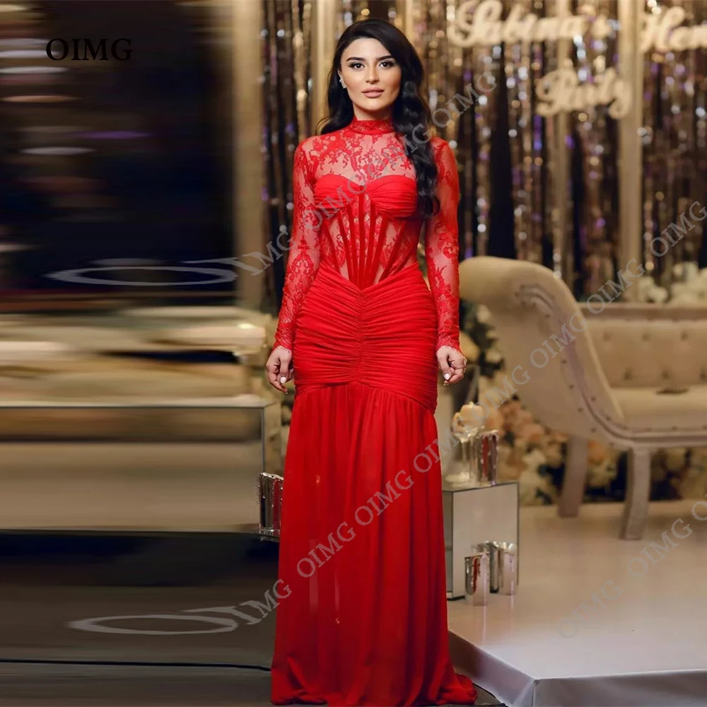 

OIMG Red Chiffon Saudi Arabic Women Evening Dresses Lace Mermaid Long Dubai Party Prom Gowns Robe de soiree Formal Dress