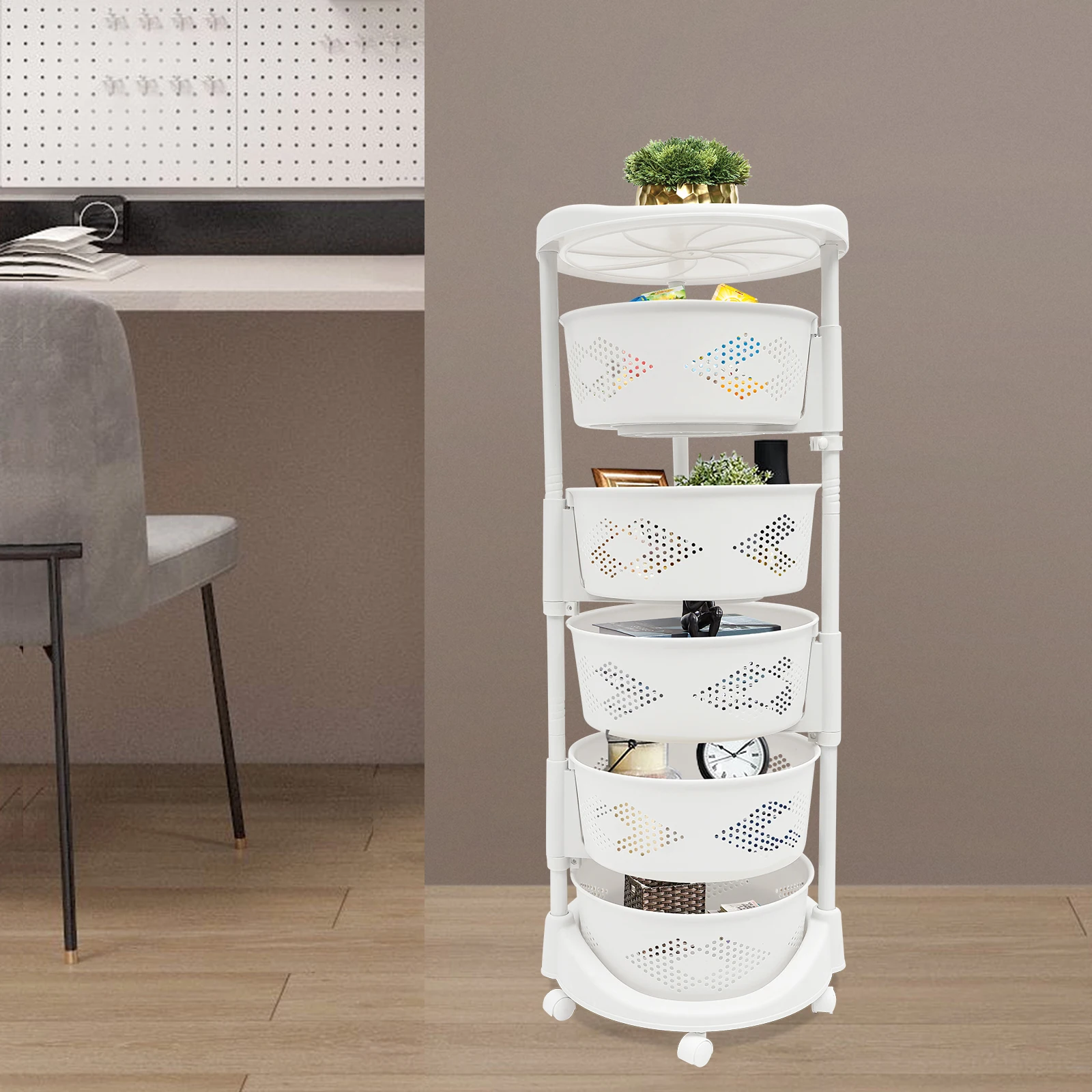 

5-Tier Rotating Storage Cart with Rolling Wheels, Large Capacity Spinning Fruit Vegetable Shelf, Stable Frame Storage Rack