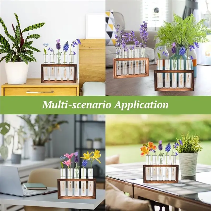 B84B-5 Tubes Wall Hanging Hydroponic Hydroponic Plant Propagation Glass Vase Glass Vase With Wooden Stand For Office Wall