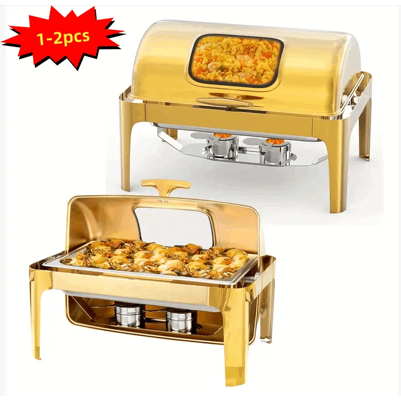 

MEFFIR 9QT Commercial Gold Rolled Top Buffet Set - Stainless Steel Rectangular Food Warmer w/Thick Frame - Heavy Duty Chafing Dish Heater System for Catering Wedding Banquet Party Events - Luxury Catering Equipment All-in-One Hot Pot Kit Rustproof only fo