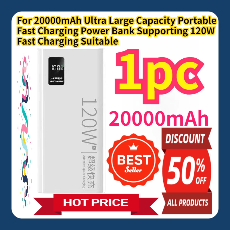 For 20000mAh Ultra Large Capacity Portable Fast Charging Power Bank Supporting 120W Fast Charging Suitable