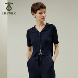 LILYSILK Silk-Wool Knit Hoodie for Women 2024 Spring New Zipper-Up Short Sleeve Top Casual Luxury Lady Outfits Free Shipping